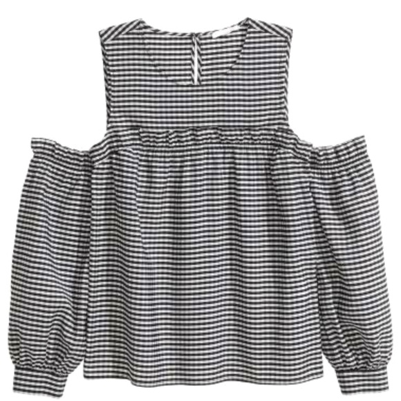 H&M Cold shoulder black/white checked patterned weave round neck blouse. Size 4 - Picture 2 of 4